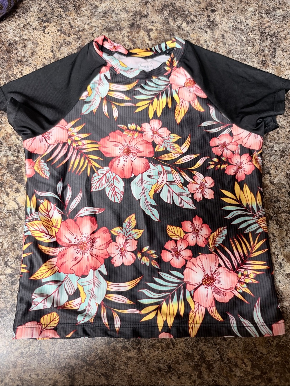 wonder nation Black Short-Sleeve Tee with Pink Floral Print and Yellow Accents